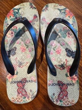 Johnny Was Black-Strap Floral Butterfly Flip Flop Sandals